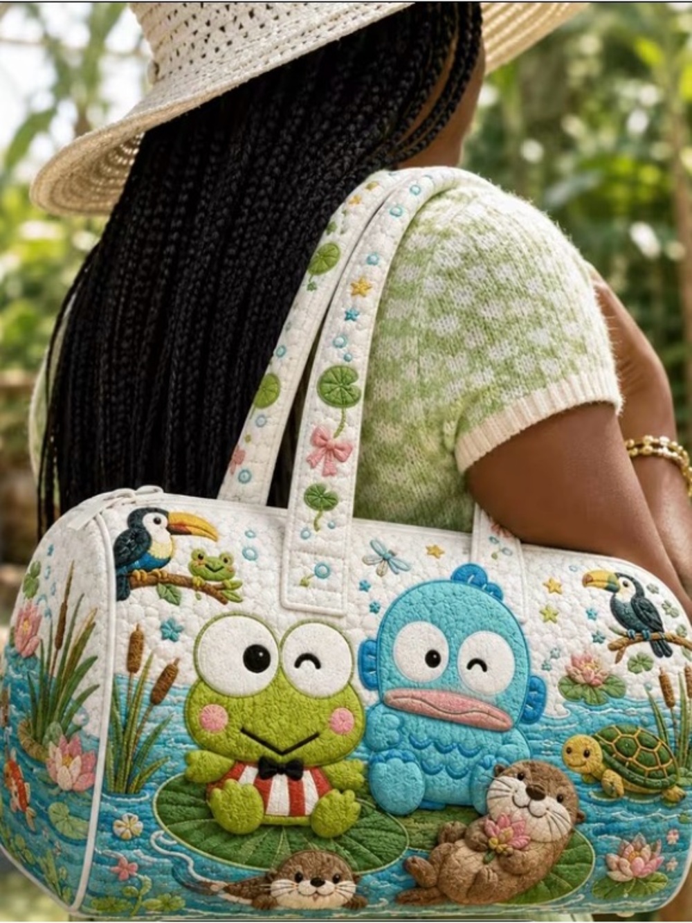 Sanrio Quilted Satchel in White, Green, Blue with Pond Friends - Picture 2 of 3